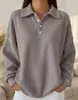 Camiseta polo versátil de manga comprida, cor sólida, gola dobrável, corte solto, nova para outono e inverno de 2025, transfronteiriça europeia e americana, waffle, feminina