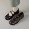 Sapatos Femininos de Couro Genuíno, Estilo Britânico Muito Artístico e Texturizado, Modelo Mary Jane de Botão Duplo, Bico Redondo Vazado Esculpido, Coleção Primavera 2025