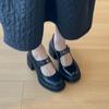 Sapatos Mary Jane Elegantes de Salto Alto para Mulheres com Velcro, Boca Rasa, Solas Grossas, Sapatos Pequenos para o Dia a Dia, Sapatos Pequenos de Couro