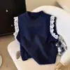 Colete Suéter Casual Tricotado com Gola Redonda e Acabamento em Renda, Estilo Coreano, Novo para Primavera e Outono, Roupa Feminina