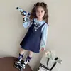 Vestido de Niña Otoño 2025 Nuevo Elegante Cuello Academia Infantil Conejo Policía Falso Dos Piezas Moda Vestido de Princesa