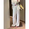 Calça Casual Feminina de Primavera e Outono, Branca, Cintura Elástica com Cordão, Calça de Perna Larga em Algodão e Linho Estilo Artístico Retrô, Calça Longa de Perna Reta