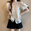 Moda para Mujer Tallas Grandes Camisa de Gasa con Encaje, Cuello de Moda, Mangas Abullonadas, Manga Corta de Verano, Top para Cubrir la Barriga y Ocultar la Grasa