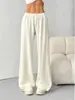 Calça Esportiva Casual de Cintura Alta com Cordão, Perna Larga, Corte Reto Solto, Cor Sólida Simples, Estilo Europeu e Americano, Versátil, para Mulheres