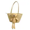 Bolso para Mujer Estilo Étnico Bolso Tejido a Mano Gran Capacidad Oso de Peluche Ins Lindo Bolso de Paja Bolso Tote de Hombro