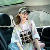 Camiseta de Algodón Puro Holgada de Colores Veraniegos con Graffiti para Mujer Estilo Chic de Hong Kong Estampado de Gato de Dibujos Animados Top Versátil de Longitud Media