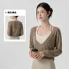 Cubierta Deportiva Corta de Cuello en V para Mujer Dobladillo Elástico Favorecedora Transparente Manga Larga Ropa de Fitness Cubierta para Pilates Yoga