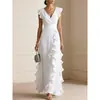 Comercio Exterior Transfronterizo Sitio Independiente de Ropa para Mujer Amazon Color Sólido Plisado Manga Corta Cuello en V Volante Vestido Largo Vestido de Gala