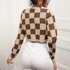 Cárdigan de Cuadros Versátil Estilo Comercio Exterior 2024 Ropa para Mujer Coreana Otoño Cuello en V Manga Larga Chaqueta Corta Suéter de Cuadros para Comercio Exterior