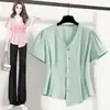 Camisa de Mujer de Manga Corta con Cuello en V Estilo Francés, Nuevo Modelo Verano 2026, Tallas Grandes, Adelgazante, Camiseta Base Corta Irregular