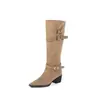 Primer Encuentro Ji Botas de Mujer Otoño Invierno Botas Largas Hebilla de Cinturón de Cuero Botas Arrugadas Gamuza Punta Fina Tacón Alto Grueso Botas Largas Botas de Montar