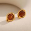 Brincos Europeus e Americanos Transfronteiriços Mais Vendidos Retro Elegantes Simples Franceses em Aço Inoxidável Banhado a Ouro 18K com Pedra Olho de Tigre para Mulheres