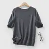 Nuevo estilo de seda con cuello redondo, mezcla de cachemira para mujer, top transpirable de verano, camiseta de manga corta, jersey ligero