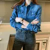 Foto real# Camisa de mezclilla para mujer 2021 Primavera y Otoño Nueva camisa fina de base abrigo de moda azul claro azul oscuro