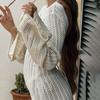 Verão Europeu e Americano Novo Feminino Tricô Vazado Pulôver Gola Redonda Manga Longa Maiô Biquíni Vestido Feminino