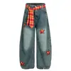 Calça Jeans Reta Larga Street Hip-Hop com Cinto Xadrez e Patch de Estrela para Mulheres 2025