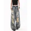 Jeans Rasgados con Salpicaduras de Tinta y Efecto Desgastado para Mujer Tallas Grandes, Diseño de Verano, Pantalones Anchos Rectos Holgados Desgastados