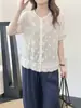 Camisa Bordada em Renda Estilo Coreano Gola Redonda Manga Curta Feminina 2026 Verão Nova Solta Estilo College Tendência