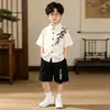 Conjunto de Camisa de Manga Curta com Estampa de Folha de Bambu Estilo Chinês Novo de Verão para Meninos, Lindo Conjunto de Duas Peças de Vestido Estilo Chinês Novo