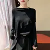 Elegante suéter estilo xale para mulheres, com design assimétrico, tecido de malha, mangas compridas, e pode ser usado como camada base ou um top único