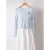Cardigã super etéreo, estilo floresta, azul suave francês para mulheres, blusa de tricô afina a silhueta, novo modelo preto primavera/verão