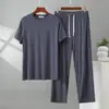 Conjunto de Camiseta de Cuello Redondo de Modal y Pantalones con Bolsillo para Hombre, Conjunto de Dos Piezas Casual Holgado Tallas Grandes para Estar en Casa