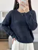 Suéter de punto de algodón puro con cuello redondo, nuevo para principios de otoño 2026, de manga larga para mujer, color liso, hueco, holgado, versátil, camiseta básica