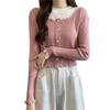 Camisa Base de Manga Longa Falsa de Duas Peças com Detalhe de Orelha de Madeira, Slim Fit, Versátil, Top Tricô Curto Elegante para Outono e Inverno