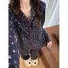 Pijama floral dulce y lindo con solapas para mujer, cárdigan de manga larga con cierre de corbata para principios de otoño, ropa de casa holgada, se puede usar para salir, conjunto
