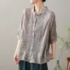 Camisa casual simple de manga corta para mujer, nueva de verano, algodón y lino, bordado pesado, cuello POLO fino, corte holgado.