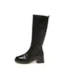 Botas de salto alto grossas para outono e inverno para mulheres, botas longas com zíper lateral, botas femininas de salto alto, plataforma impermeável, forradas com fleece, botas de montaria até o joelho