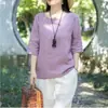 Verão Novo Literário Gola Redonda Sete Mangas Casual Solto Algodão Linho Cor Sólida Nova Blusa Tamanho Grande Camiseta Camisa Pequena Feminina