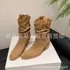 Botas de Vuelco de Piel para Mujer Botas Individuales Otoño e Invierno Nuevas Punta Redonda Tacón Grueso Tacón Alto Plegadas Completamente de Piel Botas de Caña Media para Mujer Tendencia