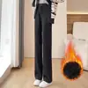 Pantalones ZLS de otoño e invierno de corte ajustado y pierna ancha para mujer, nuevo estilo 2025, pantalones casuales de mezcla de lana de tiro alto rectos adelgazantes con forro polar y grosor adicional