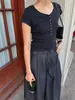 Camiseta Henley de Manga Corta con Cuello en U Ajustada Fórmula Top Adelgazante Regular para Mujer Verano Nuevo 41320