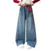 Jeans Larga Estilo Coreano para Meninas Primavera e Outono 2026 Nova Moda Tendência Casual Calças Retas para Crianças Maiores