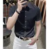 Camisa casual de manga corta para hombre, sin planchar, corte slim, estilo elástico, de seda helada de alta gama, con caída, color liso, Verano 2026