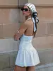 Vestido de Verão 2026 Estilo Europeu e Americano com Bolinhas Transfronteiriças, Decote Halter com Amarração, Cintura Franzida com Amarração, Curto com Costas Abertas