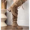 Botas de Caballero Estilo Retro Wasteland con Borlas Tacón Grueso Botas No Más Altas de la Rodilla Zapatos Adelgazantes Botas de Caña Media para Mujer