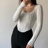 Estilo Europeo y Americano 2024 Principios de Otoño Nuevo Diseño Francés Plisado Cuello en U Simple Color Sólido Delgado de Manga Larga para Mujer Ahora