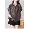 Camisa de Seda Delgada de Manga Corta Fresca para Mujer, Diseño Versátil, Cárdigan Camisa Casual Holgado de Nicho