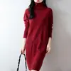 Vestido de Punto de Cuello Alto 100% Lana Nuevo Otoño/Invierno 2026 Manga Larga para Mujer Color Sólido Holgado Bolsillos Dobles Largo Medio