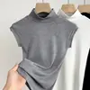 Colete de Gola Alta Meia-Manga Novo Outono 2026 para Mulheres, Escondendo o Lado do Peito, Modelagem Justa, Top com Toque de Luxo
