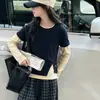 Conjunto de T-shirt de Manga Longa Color Block Estilo Coreano para Meninas Outono e Calça Xadrez 2026 Novo Conjunto de Duas Peças com Calça Wide-Leg