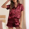 Amazon Europa América Ropa de dormir Lujo Ligero Sensación de Alta Gama Verano para Mujer Color Sólido Manga Corta Shorts Casual Solapa Conjunto de Ropa para el Hogar