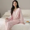 Conjunto de Pijama de Otoño para Mujer 2026: Cardigan Fino de Algodón Elástico de Manga Larga y Pantalón Largo con Cuello Redondo para Ropa de Casa