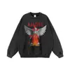 Marca de Streetwear Europeia e Americana Moletom com Gola Redonda Estampa de Caveira Anjo para Homens e Mulheres Hoodie Longo Pesado Lavado Desgastado Transfronteiriço