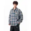 Camisa de cuadros con cuello para hombre, manga larga, tie-dye, corte holgado, vintage, casual, oversized, estilo Hong Kong