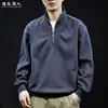 Nueva colección de otoño 2026 para hombre: Sudadera casual de manga larga, peso pesado, corte holgado, talla grande, con media cremallera y cuello alto, hecha de una mezcla de lana