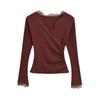 Camiseta de manga larga para mujer, cuello en V, puntilla en contraste, forro polar interior, ajuste ceñido, para otoño e invierno 2024